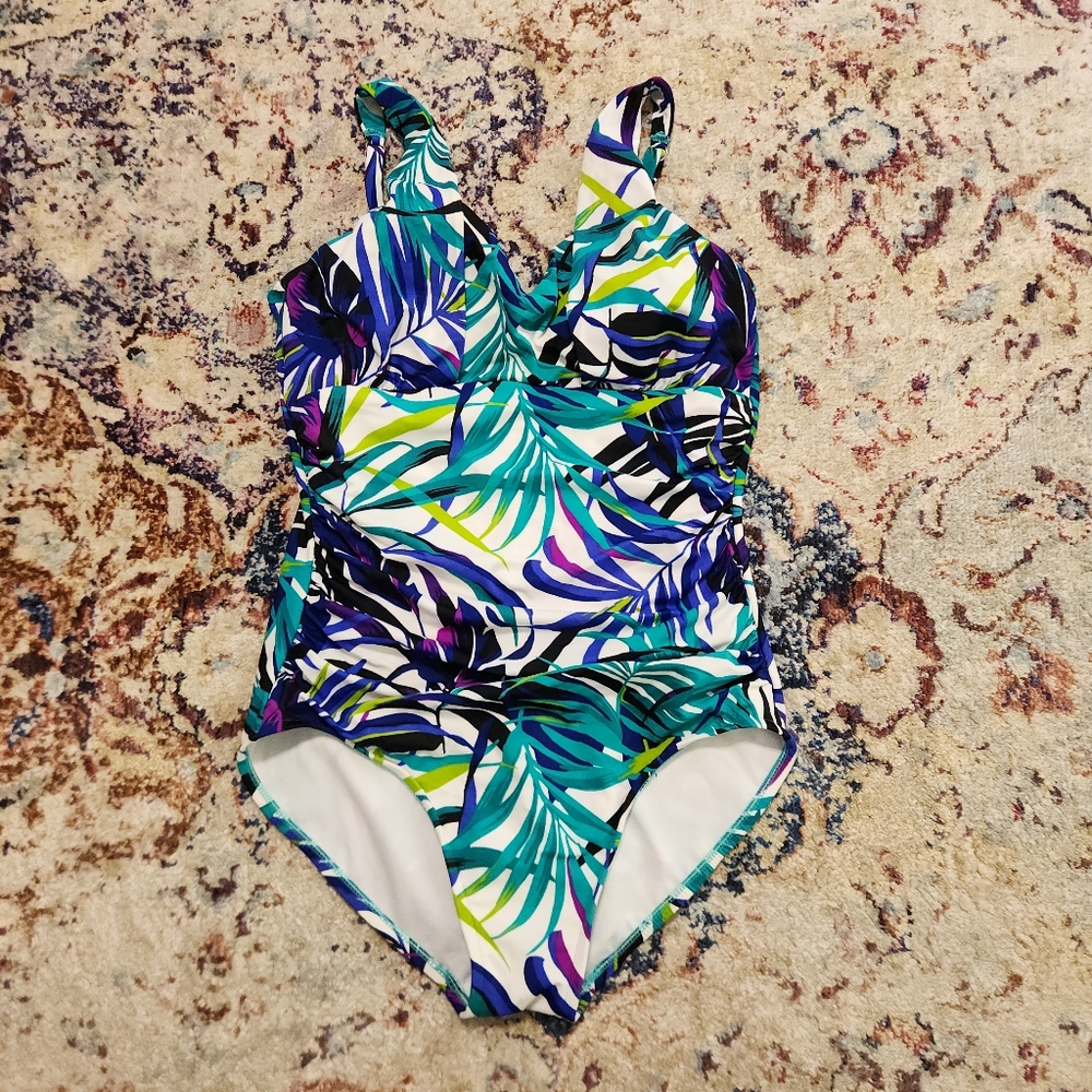 Trimshaper Tropical Leaves One Piece Bathing Suit Size 12